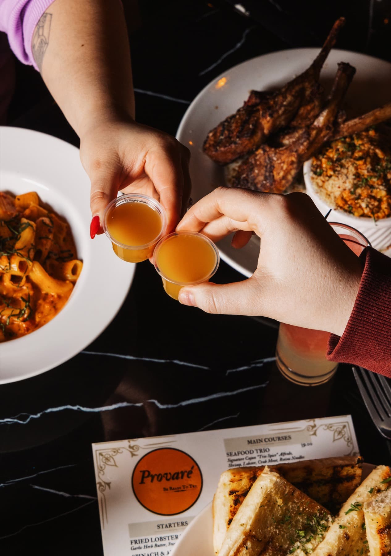 Two guests sharing a toast over dinner